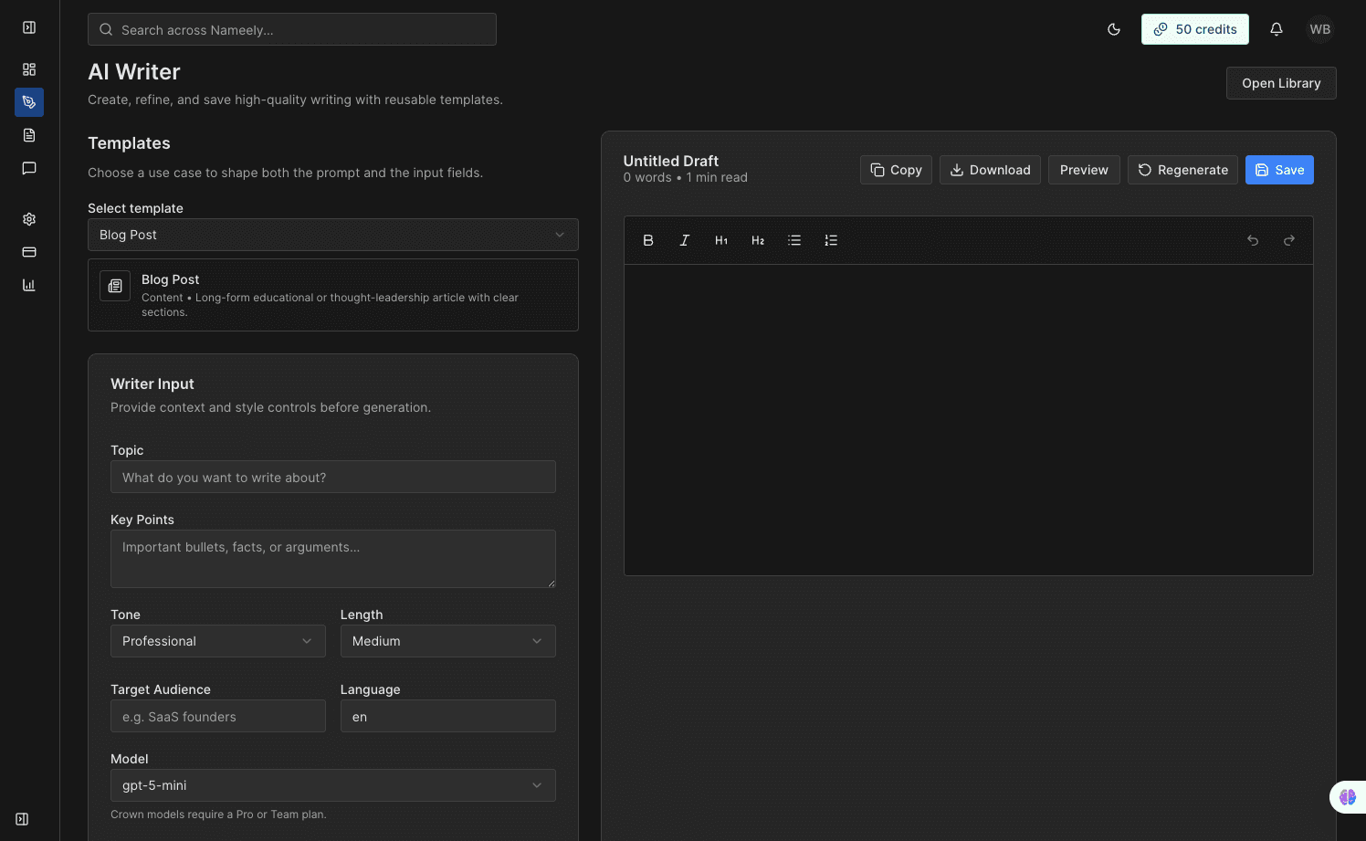 AI Writer dashboard screenshot
