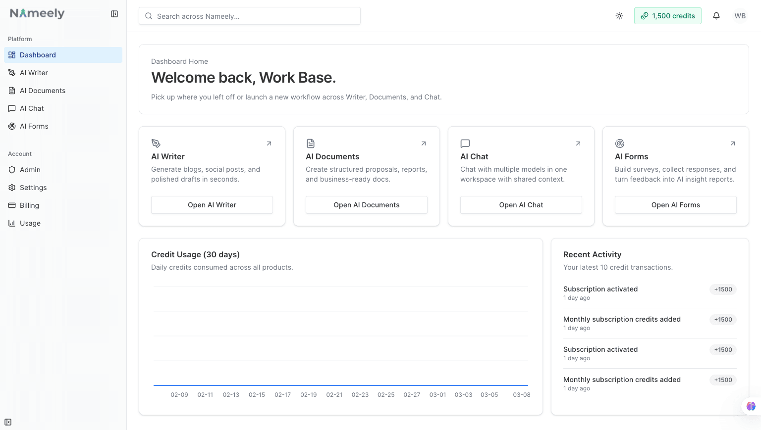 Nameely dashboard screenshot